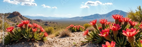 Desert landscape with Euphorbia capillaris in bloom, blooming, wildflowers, plants photo