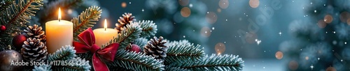 Frosted fir branches with candles, pinecones, and ribbons, firs, winter photo