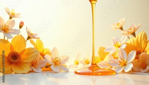 Warm golden honey drips from a beehive on a white background, flowers, flowers