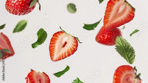 Strawberries and Half Slices Floating with Green Leaves Isolated on White Background