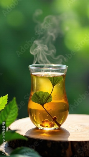 steaming hot glass of herbaceous tea with ginkgo leaves, calming, misty