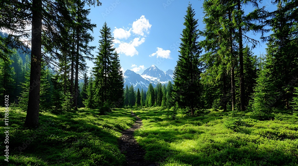 Sunlit path through lush green forest with majestic mountain backdrop. Sunlit path through lush green forest with majestic mountain backdrop.
