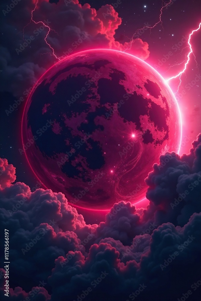 Obraz premium Deep crimson planet with a swirling storm cloud and lightning bolts illuminated, stormy weather, dark clouds