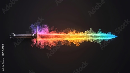 A vibrant, glowing sword with a rainbow gradient emanating colorful smoke against a dark background.