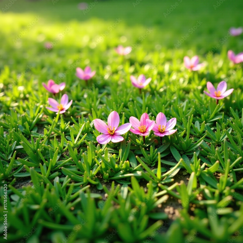 Obraz premium Soft pink blossoms scattered on a lush green lawn, foliage, blooming, grass