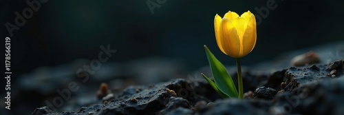 Tiny yellow tulip bud growing in a dark crevice, bloom, dark, spring
