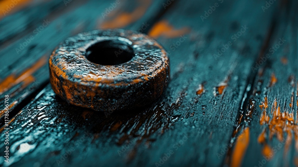 Rusty Metal Washer on Dark Wooden Surface with Water Droplets Rusty Metal Washer on Dark Wooden Surface with Water Droplets