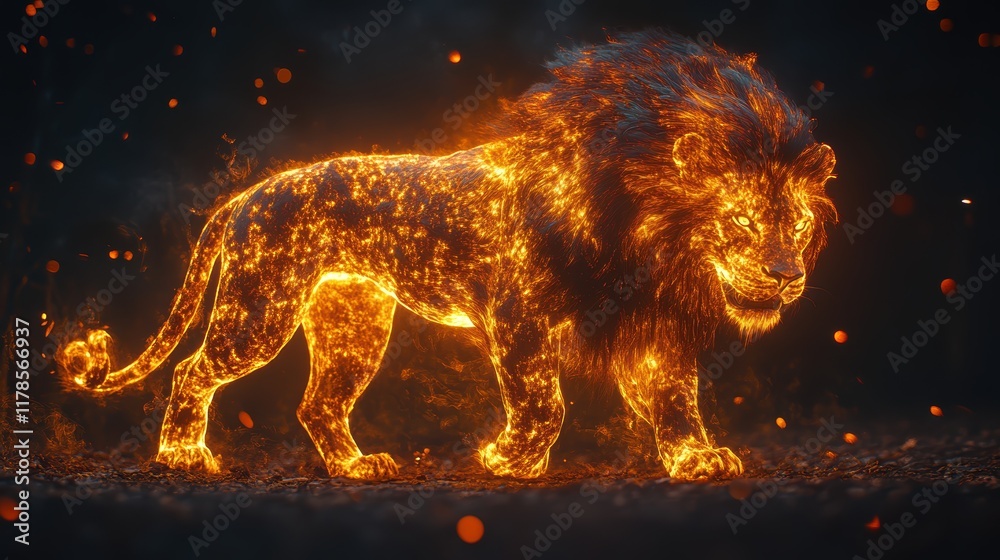 Naklejka premium A full body shot of an ethereal lion composed entirely of flowing fire, each part of its body formed by flickering flames that dance and swirl as it walks slowly toward the camera
