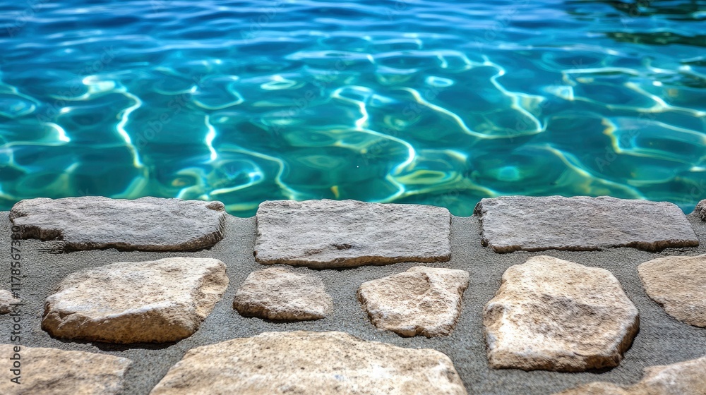 Serene Poolside Crystal Clear Water and Stone Border Serene Poolside Crystal Clear Water and Stone Border