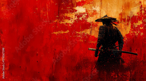 Crimson Samurai: A Grunge Digital Painting of a lone warrior, katana at his side, set against a dramatic red background. A powerful image evoking ancient Japanese culture and the spirit of Bushido.