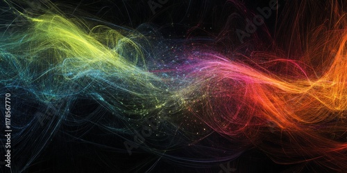 This abstract image features colorful flowing network connections with vibrant light trails, representing data dynamics and interconnectivity in a digital design.