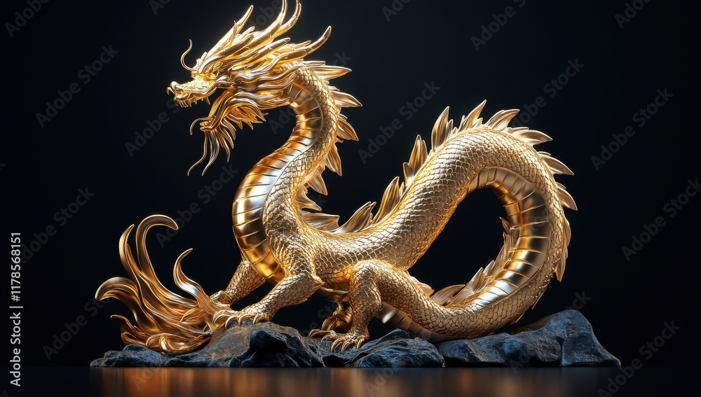 Fototapeta premium Majestic Golden Dragon Statue with Intricate Detailing Set Against a Dark Background for Fantasy and Mythology Themes
