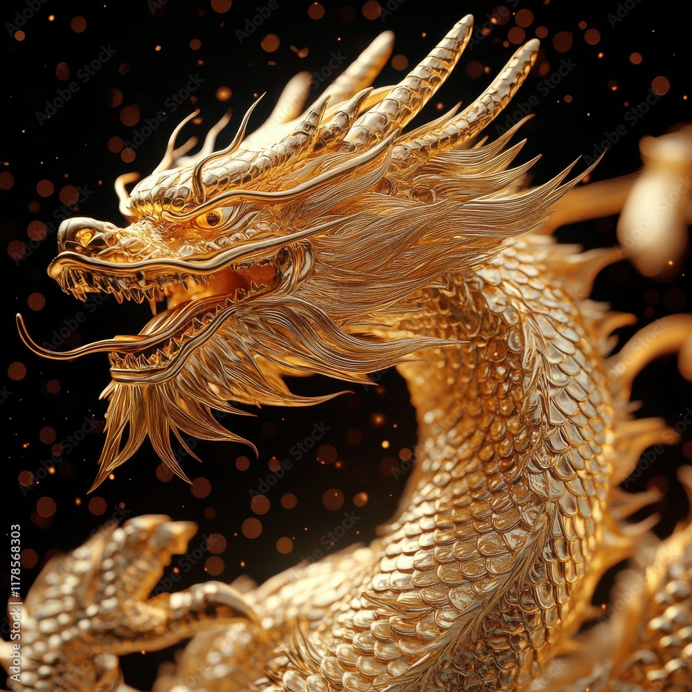 Majestic Golden Dragon with Intricate Scales and Fierce Expression Against a Dark Background, Symbolizing Power and Mystique in Fantasy Art Majestic Golden Dragon with Intricate Scales and Fierce Expression Against a Dark Background, Symbolizing Power and Mystique in Fantasy Art