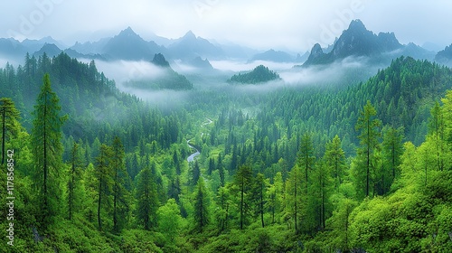 Misty Mountain Valley Lush Green Forest River