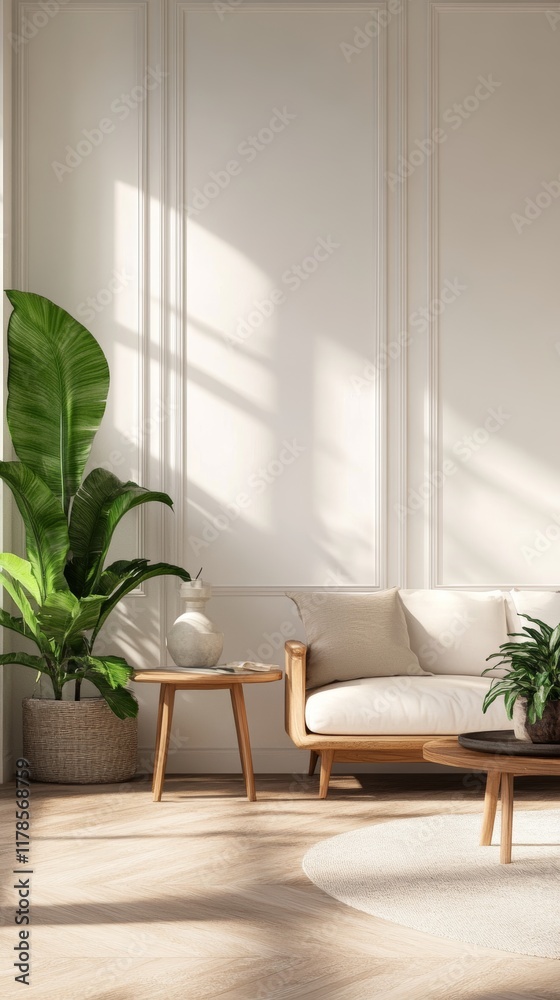 Fototapeta premium A bright, minimalist living room with natural light, featuring indoor plants, wooden furniture, and soft textures for a cozy, elegant ambiance.