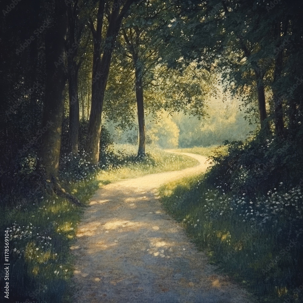 Obraz premium Sunlit forest path surrounded by lush greenery and wildflowers, creating a serene and inviting natural scene.