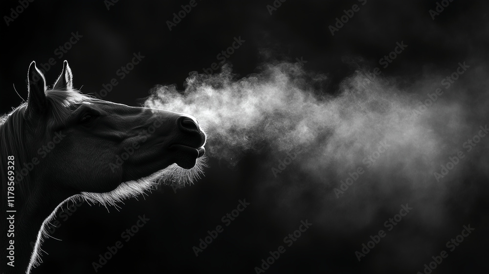Fototapeta premium Black and White of a horse's breath visible in the cold air