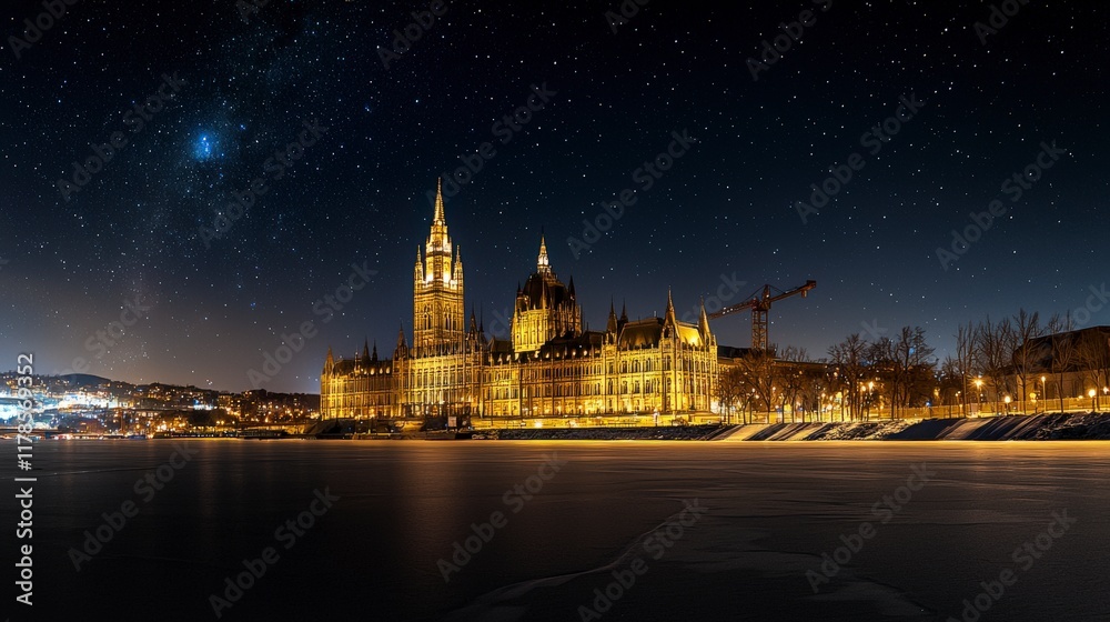 Obraz premium Nighttime view of the illuminated parliament building budapest night scene cityscape serene atmosphere photography