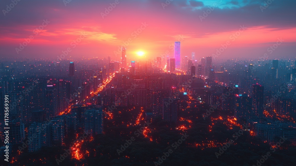 Fototapeta premium A vibrant city skyline at sunset, showcasing urban life and architecture in stunning colors.