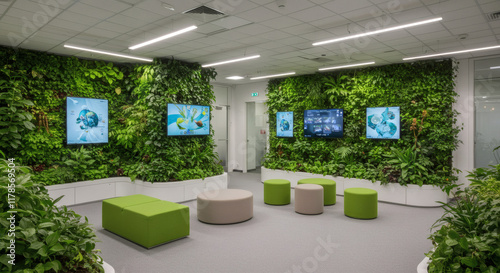 Modern Office Lobby with Lush Green Walls Screens and Comfortable Seating