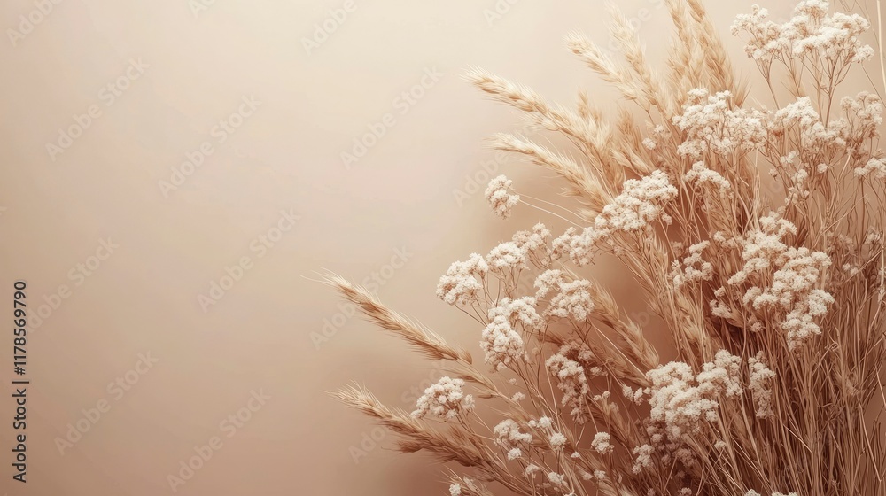 Fototapeta premium Dried Floral Arrangement on Beige Background Pampas Grass and Baby's Breath