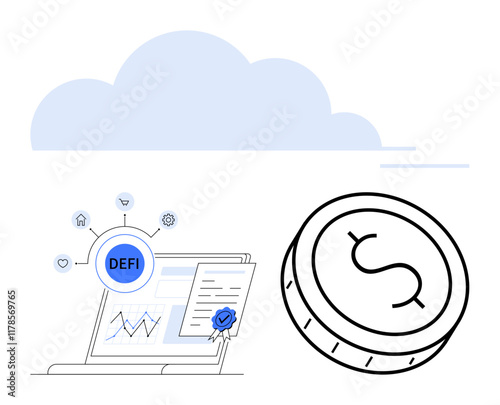 Laptop displaying data charts and certificate with DEFI concept icons. Cryptocurrency coin to the right. Ideal for finance, cryptocurrency, blockchain, fintech, investment, digital economy