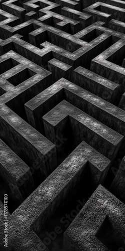 Aerial perspective of a complex concrete maze with dramatic lighting and shadows, creating a mysterious and intriguing visual effect.