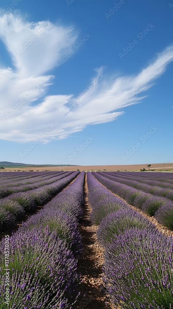 Fototapeta premium Tranquil lavender fields under a clear daytime sky, with rows of purple flowers stretching to the horizon. Captures the tranquility and beauty of nature