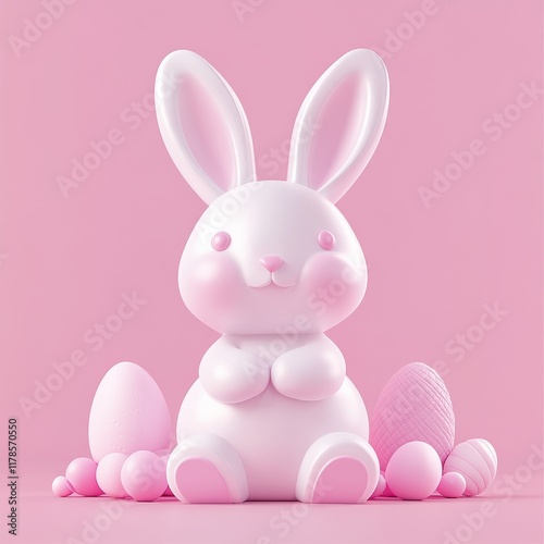 Adorable Easter Bunny with Pink Eggs on Pastel Background
