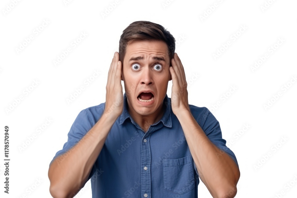 Blue shirt is acting frightened closed up adult man white background. Blue shirt is acting frightened closed up adult man white background.