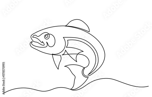 Continuous line drawing of a zander fish leaping out of water.illustration of saltwater fish line art vector illustration, One line drawing of a zander fish.zander fish isolated on a white background.