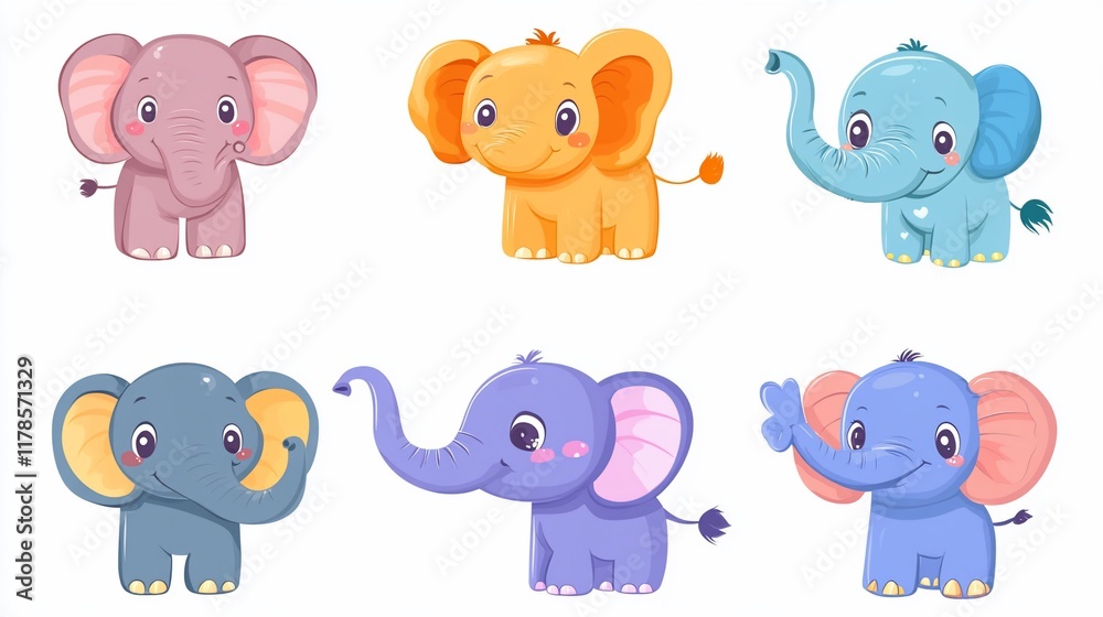Fototapeta premium Six adorable cartoon baby elephants in various pastel colors.