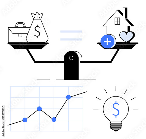 Seesaw with money bag, briefcase balanced against home and heart. Features graph and light bulb. Ideal for finance, priorities, investment, work-life balance, decision making, business insights