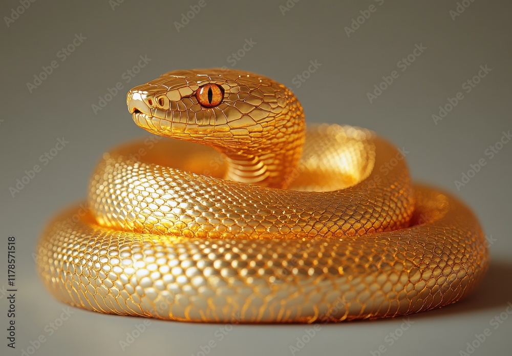 Fototapeta premium Stunning Golden Snake Coiling Elegantly with Bright Shiny Scales and Striking Eyes Capturing the Essence of Exotic Reptiles and Nature's Beauty