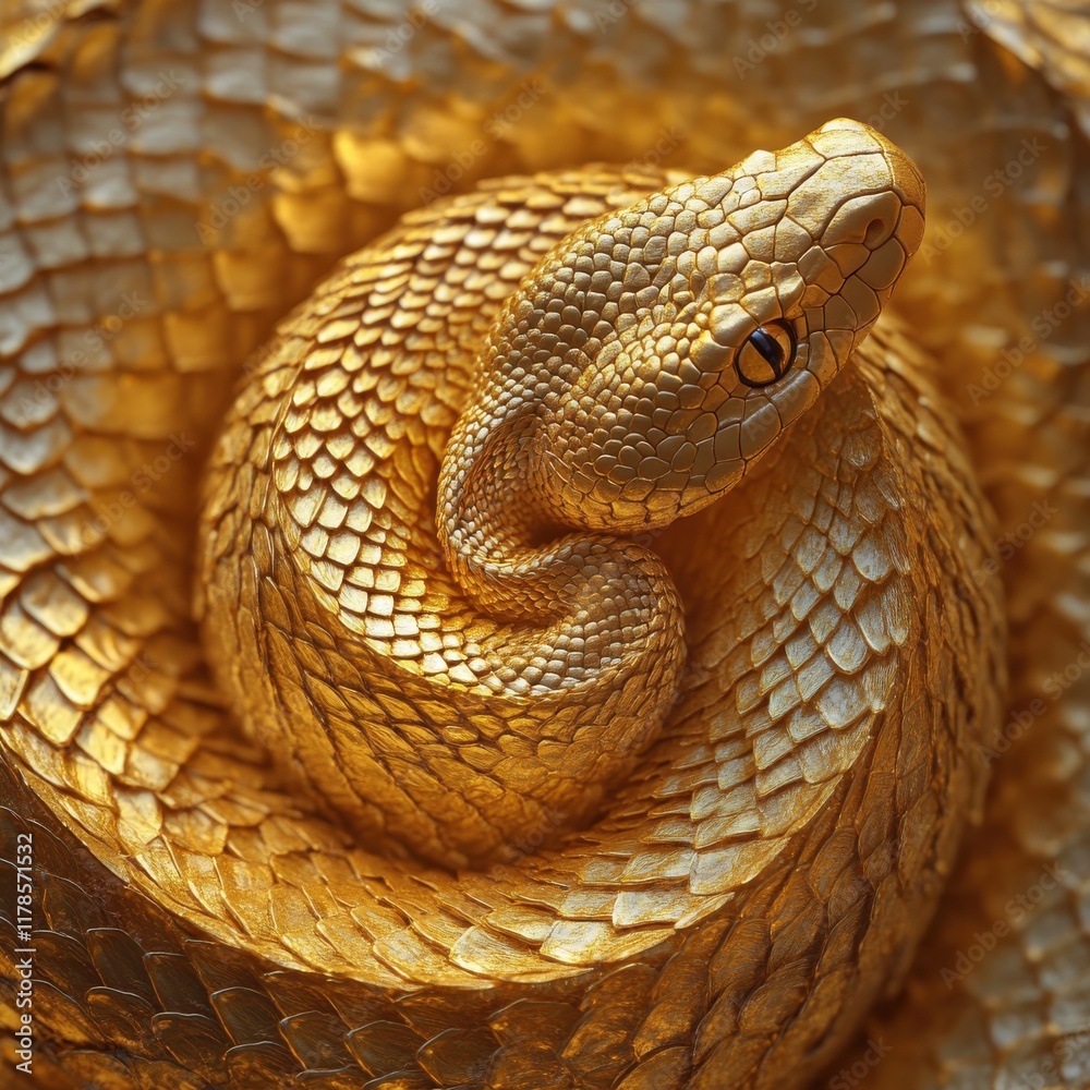Fototapeta premium Stunning Golden Snake Coiled Elegantly on a Textured Surface, Capturing Light and Shadow in a Unique and Artistic Display of Nature's Beauty and Color Palette