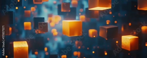 Abstract Digital Cubes Floating in a Dark Blue Space: A 3D Render of Glowing Orange and Dark Cubes