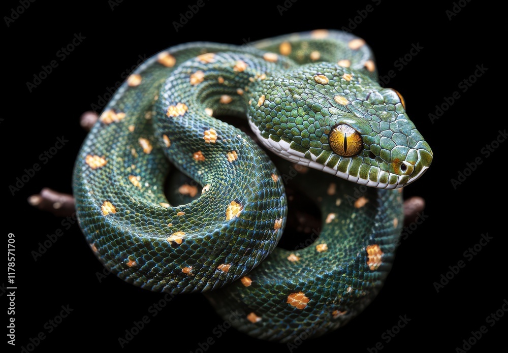 Stunning Green Tree Python Coiled Gracefully Against a Black Background, Showcasing Its Vibrant Scales and Unique Pattern for Ultimate Visual Impact Stunning Green Tree Python Coiled Gracefully Against a Black Background, Showcasing Its Vibrant Scales and Unique Pattern for Ultimate Visual Impact