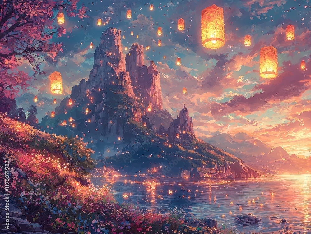 Fototapeta premium A celestial river of liquid light winding through a valley of radiant wildflowers. Floating lanterns hover above the riverbanks, their golden glow blending harmoniously with the vibrant hues