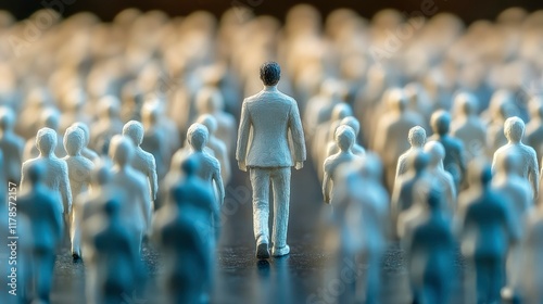 Lone Figure Walking Towards a Crowd of Miniature People