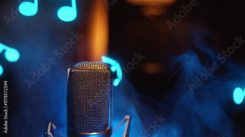 Dynamic Microphone with Blue Smoke and Floating Musical Notes