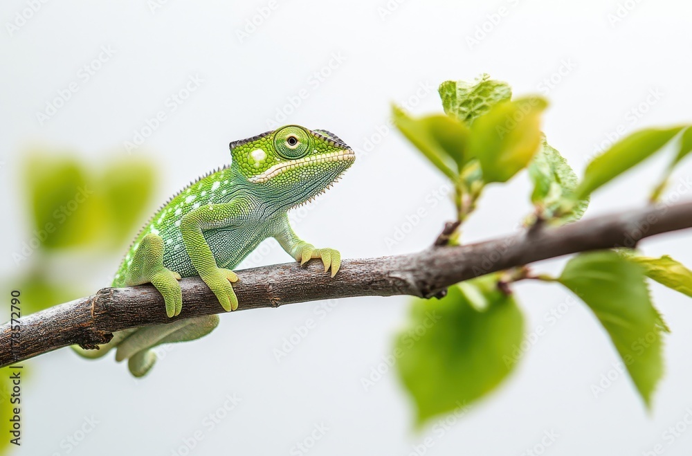 Vibrant Green Chameleon on a Branch Surrounded by Fresh Green Leaves, Capturing Nature's Beauty in a Serene Environment, Ideal for Wildlife and Nature Lovers Vibrant Green Chameleon on a Branch Surrounded by Fresh Green Leaves, Capturing Nature's Beauty in a Serene Environment, Ideal for Wildlife and Nature Lovers