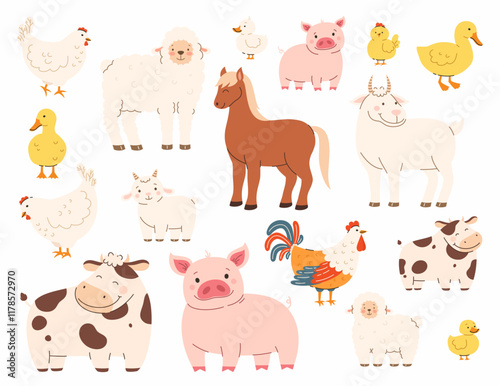 Set of domestic farm animals. Cow, sheep, goat, duck, chicken, calf, horse, pig, rooster. Flat vector illustration.