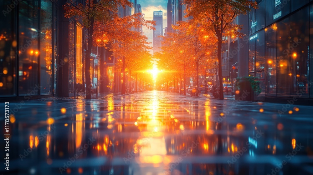 Obraz premium A vibrant city street at sunset, reflecting warm colors on wet pavement.