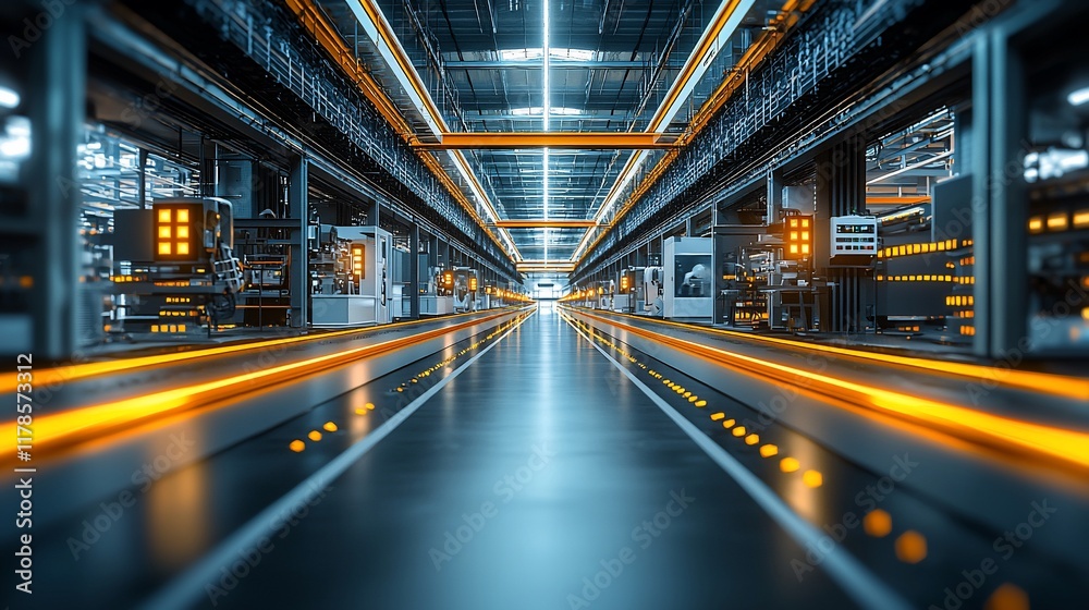 Fototapeta premium Futuristic factory interior with automated machinery and illuminated conveyor belts.