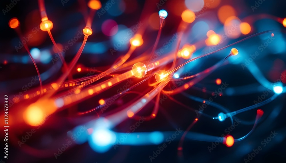 Obraz premium Fiber optic threads are super macro. Fiber optics network cable for ultra fast internet communications, thin light threads that move information at high speed. Fiber optic glowing, studio shot