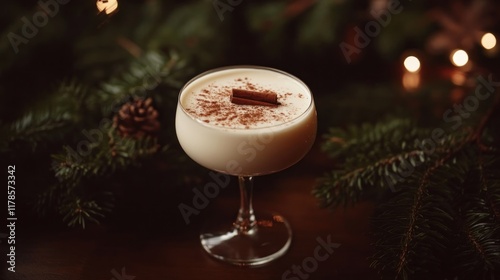 A Festive Eggnog Cocktail, Garnished with Cinnamon, Set Against a Cozy Christmas Background photo