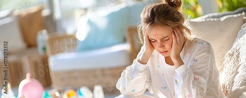 Working mom concept. A young woman appears stressed, sitting indoors with her hands on her head, surrounded by a comfortable and bright living space. photo