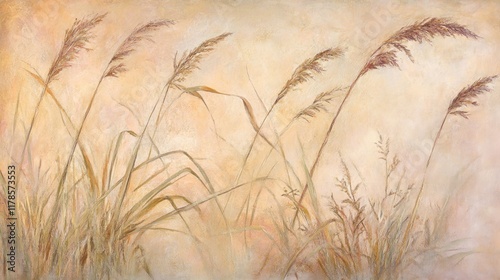 Painting of tall grasses in sunset hues.