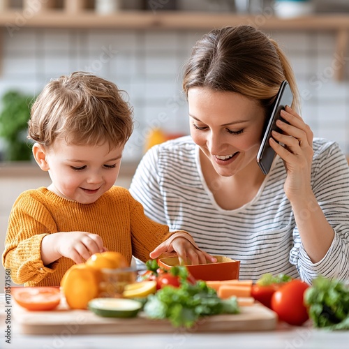 Working mom concept. A mother and her young son joyfully prepare food together, with fresh vegetables and fruits, while the mother talks on the phone. photo