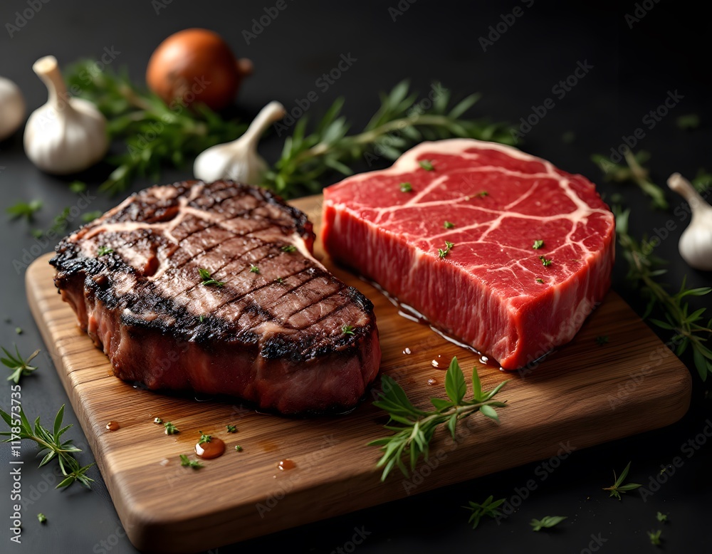 Sizzling Steaks: Grilled and Raw Cuts on Rustic Wood Sizzling Steaks: Grilled and Raw Cuts on Rustic Wood